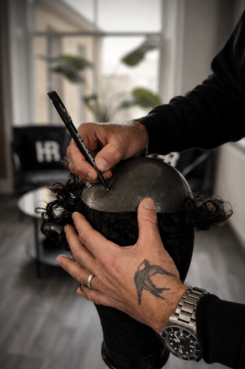 Hair replacement system being fitted and marked up in the studio