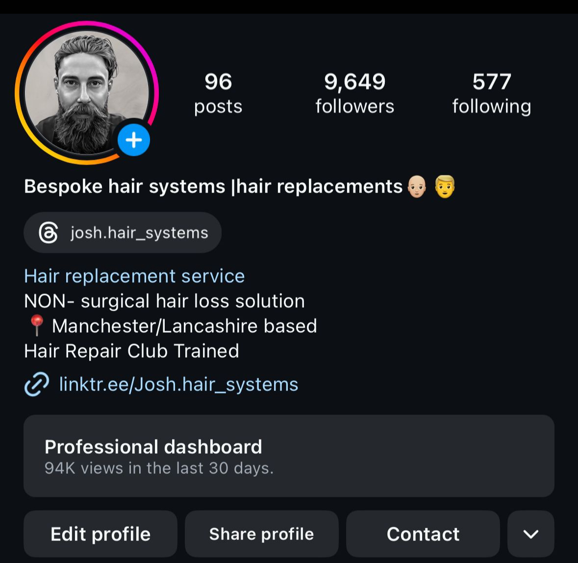 Instagram profile before Content Academy showing 9,649 followers